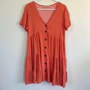 Ces Femme Penelope Tiered Floral Mini Dress Button Front V-Neck Short Sleeve MED